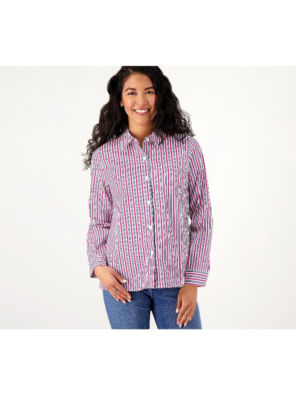 Denim and Company Shirt XXS Printed Button Front Pink Stripe Career NEW
